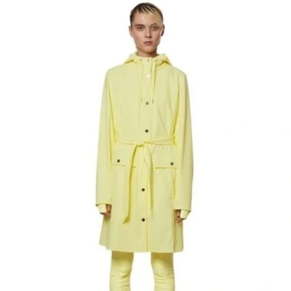Rains Jacket Curve Long Straw Yellow Hooded Belted Pockets Zipper Buttons